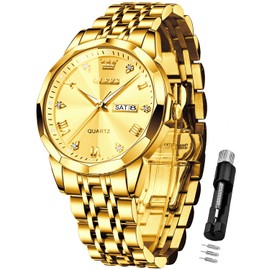 OLEVS Gold Watches for Men Diamond Casual Stainless Steel Luxury Business Dress Classic Date Analog Quartz Wrist Watches Waterproof Luminous