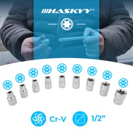HASKYY External Torx Socket Set 1/2 Inch E-Profile Set E10 - E24 Socket Spanner Inserts 9-Piece Sockets for Torx External Screws Car Tool in Assortment Box