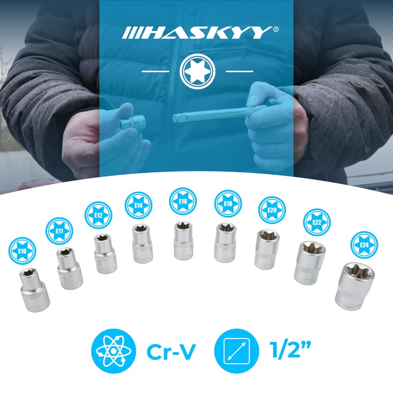 HASKYY External Torx Socket Set 1/2 Inch E-Profile Set E10