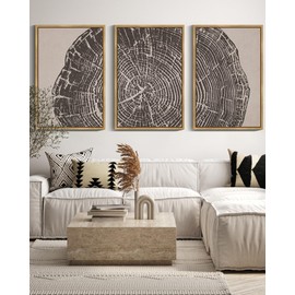 PHOPAGO Farmhouse Vintage Framed Wall Art Large 24x36in Set Gray Wood Tree Ring Spirals Nature Abstract Drawings Rustic Modern Art Decor for Living Room Bedroom - Natural Framed