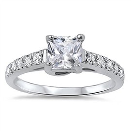 DoubleAccent Sterling Silver Princess Cut CZ Solitaire Engagement Ring 7MM (Size 5 to 10), 8