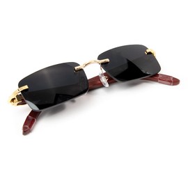 Street Knitted Rimless Gold Frame Vintage Designer Buffs Wood Sun Glasses Unisex Hip Hop Rectangle Sunglasses For Men Women Dark BlackTint Square Retro 90s Old School Frameless Shades For Men