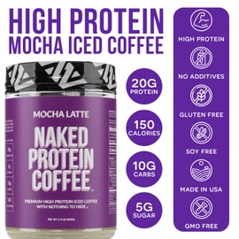 Naked Nutrition Mocha Latte Protein Coffee - Premium Instant Coffee - Protein Shake, Iced Coffee, Protein Drinks, Delicious Keto Friendly and Gluten Free, 17 Servings