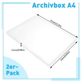 Archive Box A4, Pack of 2, Transparent DIN A4 Storage Box for 8.5 x 11 Inch Letter Paper, Portable Plastic Project Case for Documents, A4 Paper, Letters, Scrapbooks, 30.5 x 22.3 x 2.2 cm