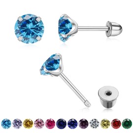 Round Cubic Zirconia Stud Earrings for Women Girls, 4mm Birthstone Stud Earrings Hypoallergenic Flat Back Stud Earrings Stainless Steel Cartilage Earrings Brilliant Handmade Screw Back Earrings (03-March-Sliver)