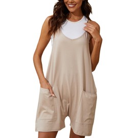 Muchpow Women's V Neck Sleeveless Romper Summer Casual Loose Spaghetti Strap Short Overalls Jumpersuit with Pockets, Khaki, Medium