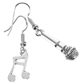 Musical Note and Microphone Asymmetrical Earrings, Sterling Silver Hooks, Musician Jewellery