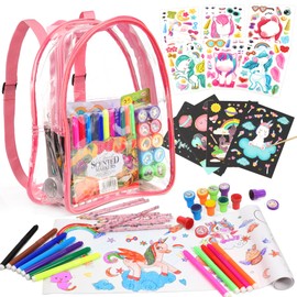 D-FantiX Unicorn Art Supplies Clear Backpack for Toddler, 51Pcs DIY Colouring Craft Kits with Scratch Art Paper and Stickers, Road Trip Activities for Kids, Creative Birthday Gift for Girls