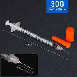 1mL 30Ga 1/2 Inch (13mm) Lab Supplies Syringe, Disposable Individually Wrapped, Pack of 100