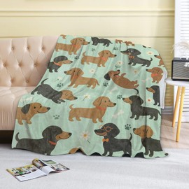 coedoaes Cute Dachshund Dog Fleece Blanket,50x60in,Playful Wiener Dogs Glasses Bones Flower Mint Green Throw Blankets,Soft Cozy Lightweight, Ideal for Bed Living Room Home Whimsical Pet Decor,Gifts