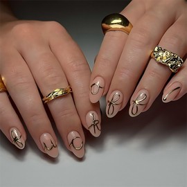 QEYRIYI 3D Gold Stripe Press on Nails Short Oval Fake Nail with Designs 3D Irregular Gold Line False Nails Acrylic Glue on Nail Glossy Full Cover Artificial Stick on Nail for Women 24 Pcs