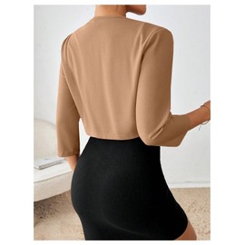 SOLY HUX Women's Blazer Jacket Open Front 3/4 Sleeve Pleated Work Office Cropped Jacket Pure Khaki Small