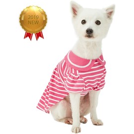 Blueberry Pet Sea Lover Rose Pink Striped Cotton Blend Dog Dress with Bowtie, Back Length 10", Pack of 1 Clothes for Dogs