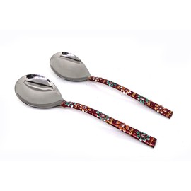 Rastogi Handicrafts Copper Bamboo Hand Painted Meena Work Dinnerware flatware serving spoon utensils Set Of Two (Red)