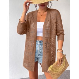 Zeagoo Womens 2025 Summer Crochet Cardigan Sweaters Lightweight Long Sleeve Open Front Kimono Boho Knit Cover Ups Brown