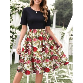 oxiuly Black White Flower Cocktail Guest Cocktail Novelty Independence Day Dresses Christmas Elegant Casual New Year Hepburn Style Vintage New Baby Dress with Pockets OX165 Black and Red Rose L