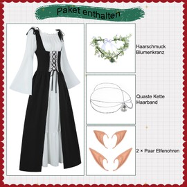 Gothic Clothing Women's Medieval Renaissance Dress Trumpet Sleeves Vintage Dresses Carnival Costume Pirate Cosplay Outfit with Head Chain Flower Wreath Elf Ears Overknee Socks FR035M