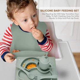 CHILDLIKE BEHAVIOR Baby Weaning Set - 5 Piece Sage Green Bear Silicone Baby Feeding Set - Self Feeding Baby Utensils, Plates, Bibs, Easy to Grip Spoons, Dishes and Cups