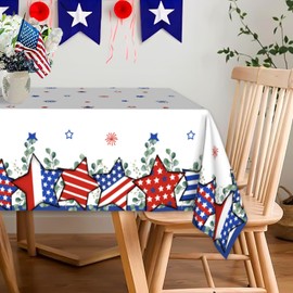 JYKCUL 4th of July Tablecloth Rectangular 60x84 Inch, Blue Red Star Independence Day Patriotic Table Cloth Washable Table Cover for Party Picnic Kitchen Dinner Decor