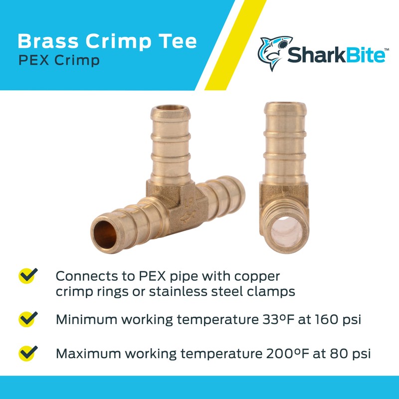 SharkBite 3/8 Inch Crimp Tee, Brass Plumbing Fitting, PEX Pipe,