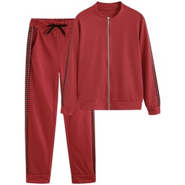 amropi Women's 2 Piece Tracksuit Plaid Sweatsuits Sets Zipper Sweatshirt and Jogging Sweatpants Suit Red, L