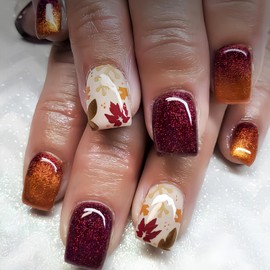 24Pcs Fall Press on Nails Medium Square Fake Nails with Maple Leaf Designs Red Orange Glitter Nails Autumn Leaves Stick on Nails Full Cover False Nails for Women Holiday Manicure Art