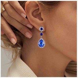 Yheakne Vintage Sapphire Crystal Earrings Water Drop Sapphire Earrings Silver Drop Blue Rhinestone Earrings Blue CZ Bridal Earrings Jewellery for Women and Girls