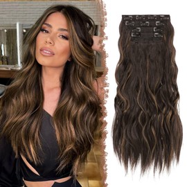 FESHFEN Clip in Hair Extensions - 4 PCS Long Wavy Thick Clip in Hairpieces Full Head Synthetic Hair Extension for Women, Black Brown Mixed Light Brown 20 Inch