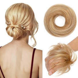TESSHAIR Human Hair Messy Bun Hair Piece Scrunchie Women’s Hair Pieces for Updos Style Wavy Hair Extension Scrunchie Golden Brown & Bleach Blonde Updo Hair Pieces for Women Girls #12P613