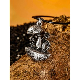 HAQUIL Vintage Nature Mushroom Floral Pendant Necklace, Faux Leather Cord, Mushroom Nature Jewelry Gift for Women