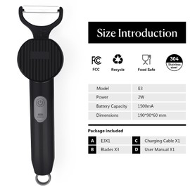 Electric Potato Peeler | 3-in-1 Interchangeable Blades for Fruits/Vegetables | Type-C Rechargeable Battery Capacity 1500 mAh | Electric Peeler for Kitchen, Travel, Camping (PL909-BLACK)