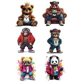 arricraft 6 Pcs Iron on Decals Patches, 6 Sizes Hip-hop Animals Iron on Stickers Fashion Bear Monkey Panda Heat Transfer Stickers Plastic Washable Patches for DIY Clothes Decor Backpacks Cover