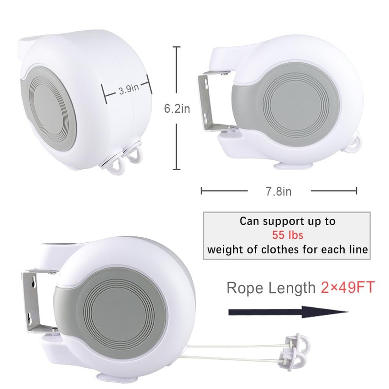 Retractable Clothesline 2x49 Feet Outdoor Indoor, Dual Heavy Duty Clotheslines