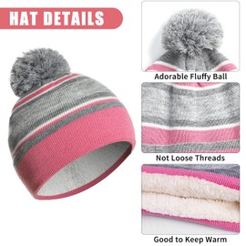 outfit spring Children's Winter Hat Scarf Gloves 3 Piece Set, Warm Winter Bobble Knitted Hat Beanie Soft Thick Fleece Lining Loop Scarf Children's Glove Set for Girls Boys Child, Striped Pink