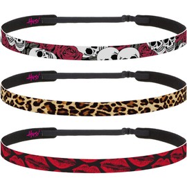 Hipsy 3-pack Women's 1980s Goth 80s Biker Punk 5/8" Skinny Headbands Hairbands for Women Girls & Teens (Red Zipper Lips/Brown Cheetah/Red Skulls 3pk)