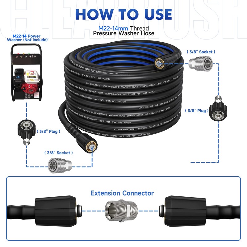 ClearRush Pressure Washer Hose 50FT Kink Resistant 1/4",3600 PSI Power