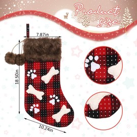 Christmas Stockings Set, 18'' Black Red Buffalo Plaid Christmas Stockings Hanging Ornaments Soft Faux Fur Pet Paw Christmas Stockings Plush Fireplace Hanging Stockings for Christmas Holiday Xmas Gift