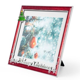 GUOER Merry Christmas Decorations Family Picture Frame 8x10 Inch Snowflake Christmas Metal Photo Display Photo Frames with High Definition Glass Front Gift Ideas Tabletop Home Decorative (2024 Red, Christmas tree)