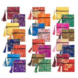 Vafon 24pc Chinese Silk Brocade Coin Purse Embroider Jewelry Bag Zipper Wallet Pouch, Multiple colors