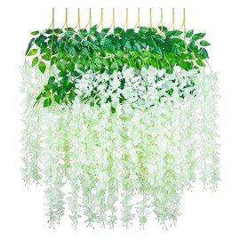 SMALUCK 12 Stems Artificial Wisteria Flowers Vine Fake Wisteria Garland Hanging Flowers for Wedding Garden Home Party Decorations, 12 Pack White