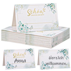 Pack of 50 Place Cards, Birthday, Wedding Place Cards, Beautiful Dass Du Da Bist, Eucalyptus Name Badges, Wedding, Table Decoration Place Cards for Weddings, Christenings, Birthdays, Communion