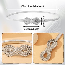 Amexo Women's Metal Thin Belt for Dress, 70-100 cm Silver Stretch Belt, Women's Elastic Thin Waist Belt, Stretch Cinch Waist Belt, Women's Rhinestone Waist Belt, Decorative Women's Belt, silver