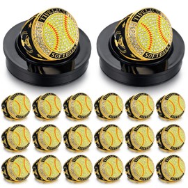 Highergo 20 Pcs Basketball Softball Championship Rings with Display Neck Chain and Stand Baseball Volleyball Soccer Trophy Rings Bulk for Tournament Award Gift(Gold,Softball)