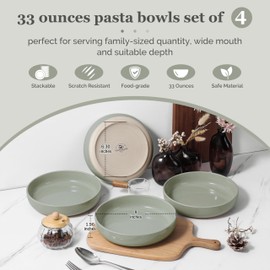 HaWare Pasta Bowls Set of 4, 33oz Large Salad Bowls for Home Kitchen, Ceramic Serving Plates for Soup, Cereal, Wide and Shallow Dinner Bowl, Microwave & Dishwasher Safe, Asparagus Green