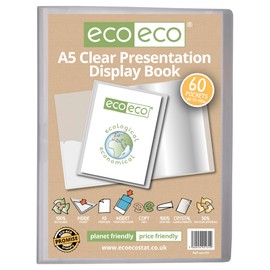 eco-eco A5 Size 50 Percent Recycled 60 Pocket Clear Presentation Display Book, Storage Case Portfolio Art Folder with Plastic Sleeves, eco131