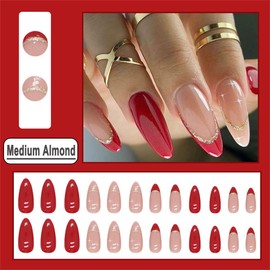 DOCVOEOMH Almond Shaped Press on Nails Medium French Rose Red Acrylic Fake Press Ons Nails with Glitter Design Glue on Full Cover Artificial False Stick on Nail for Girls Women Daily Wear 24PCS