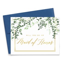 Greenery Will You Be My Maid of Honor Card Gold, Elegant Maid of Honor Proposal Cards Green, Bridal Party Ask Cards, Your Choice of Quantity and Envelope Color