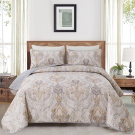 Drucon Grey Paisley Quilt Set Queen 3 Pieces Boho Paisley Floral Quilt Coverlet Set Soft Microfiber Lightweight Bedding Quilt for All Season (Queen, 90"x96")