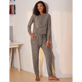 Ekouaer Womens Pajamas Set Long Sleeve Loungewear Soft Lounge Set Joggers with Pockets,Medium,Light Brown