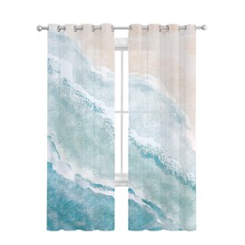 Summer Beach Sheer Curtains 84 Inch Length 2 Panels Set for Living Room/Bedroom, Ocean Nautical Coastal Kitchen Curtains with Grommet, Seaside Aqua Semi-Sheer Curtains Drapes Voile Window Treatments